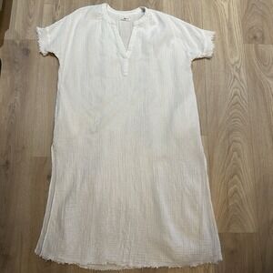 Natural Life White Caftan Coverup One Size Gauze Cotton Maxi Length Boho Pockets